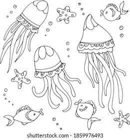 Vector coloring with the image of a jellyfish. Images for children's books.