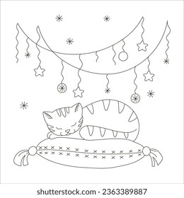 vector coloring line drawing cats Christmas New Year