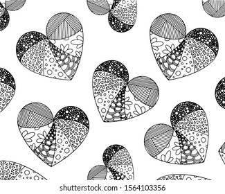Vector coloring of many hearts from zentangle  patterns. Application in printed materials, creating coloring pages for children and adults.Valentines Day, romantic coloring page.