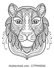 Vector coloring ornamental portrait of tigre. Decorative abstract vector contour illustration isolated on white background. Stock illustration for adult coloring, design, print, decoration and tattoo.