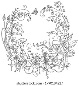 Vector coloreando la guirnalda ornamental con flores de ave y pradera en composición de círculo. Ilustración decorativa dibujo de contorno negro aislado en blanco. Para diseño, impresión, camiseta, decoración casera, porcelana.