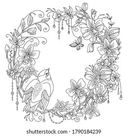 Vector coloring ornamental wreth with bird and flowers in circle composition. Decorative illustration black contour drawing isolated on white. For design, print, t shirt, home decor, porcelain. 