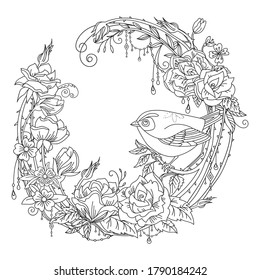 Vector coloreando la guirnalda ornamental con pájaro tierno y flores en composición de círculo. Ilustración decorativa dibujo de contorno negro aislado en blanco. Para diseño, impresión, camiseta, decoración casera, porcelana. 