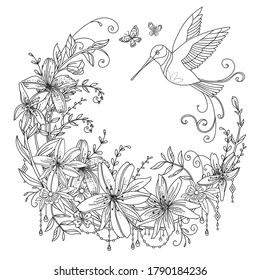 Vector coloring ornamental wreth with hummingbird and flowers in circle composition. Decorative illustration black contour drawing isolated on white. For design, print, t shirt, home decor, porcelain.