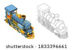 Vector coloring page with 3d model train. Isometric front view.Vintage retro train graphic vector. Isolated. Coloring page and colorful train