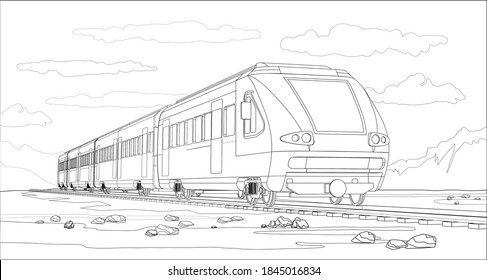 Vector coloring page with 3d model modern high-speed train and bright landscape. Beautiful vector illustration with train travel. Beautiful high-tech train graphic vector