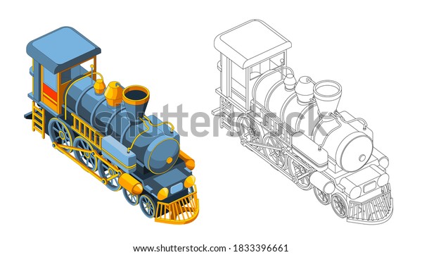 Vector coloring page with 3d model train. Isometric\
front view.Vintage retro train graphic vector. Isolated. Coloring\
page and colorful train