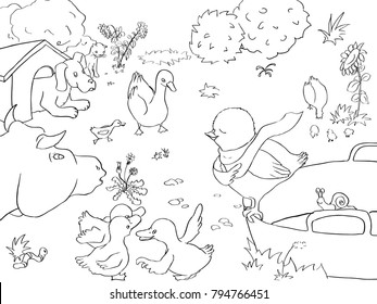 Vector coloring page about chicken, ducks, dog, cow and other farm animals.