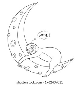 Vector coloring page with adorable cartoon sleeping smiling sloth hugging a half moon.