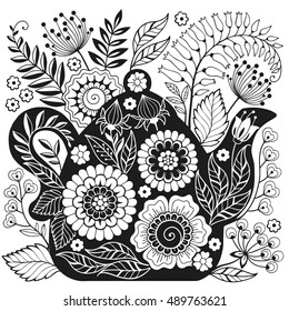 Vector coloring page for adult, for meditation and relax. Ornate flowers and teapot. Teatime.