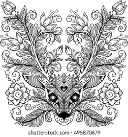 Vector coloring page for adult meditation and relax. Decorative deer antlers and flowering ornaments