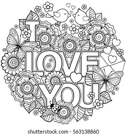 Vector Coloring page for adult.  Round shape made of Abstract flowers, butterflies, birds kissing and the word love. Valentine's Day cards