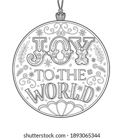 Vector Coloring page for adults and children dedicated to Christmas.Typography emblem. Winter holiday illustration. Wishing handwritten postcard. Isolated vector.