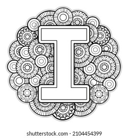 Vektorfarbseite für Erwachsene. Contour black and white Capital English Letter I on mandala hintergrund