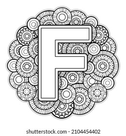 Vector Coloring page for adults. Contour black and white Capital English Letter F on a mandala background