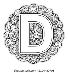 Vector Coloring page for adults. Contour black and white Capital English Letter D on a mandala background