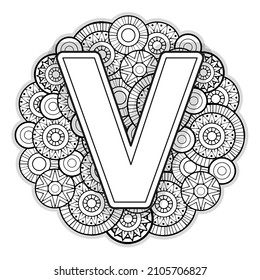 Vektorfarbseite für Erwachsene. Contour black and white Capital English Letter V on mandala hintergrund