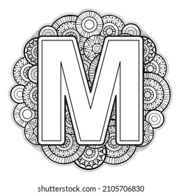 Vector Coloring page for adults. Contour black and white Capital English Letter M on a mandala background