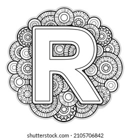 Vector Coloring page for adults. Contour black and white Capital English Letter R on a mandala background