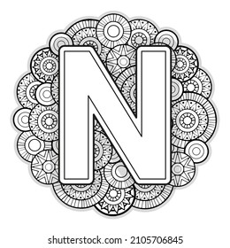 Vector Coloring page for adults. Contour black and white Capital English Letter N on a mandala background