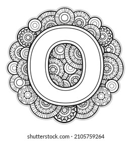 Vector Coloring page for adults. Contour black and white Capital English Letter O on a mandala background