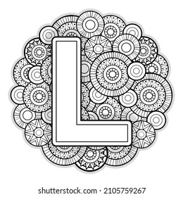 Vector Coloring page for adults. Contour black and white Capital English Letter L on a mandala background
