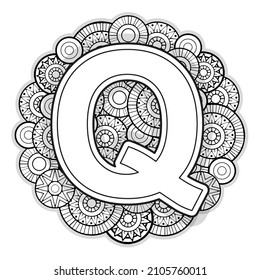 Vektorfarbseite für Erwachsene. Contour black and white Capital English Letter Q on mandala hintergrund