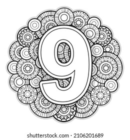 Vector Coloring page for adults. Contour black and white Number 9 on a mandala background