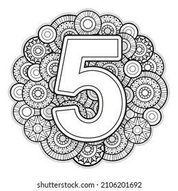 Vector Coloring page for adults. Contour black and white Number 5 on a mandala background