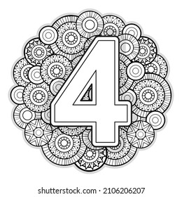 Vector Coloring page for adults. Contour black and white Number 4 on a mandala background svg