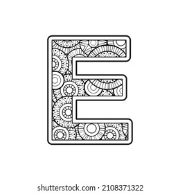 Vector Coloring page for adults. Contour black and white Capital English Letter E on a mandala background