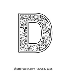 Vector Coloring page for adults. Contour black and white Capital English Letter D on a mandala background