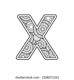 Vector Coloring page for adults. Contour black and white Capital English Letter X on a mandala background