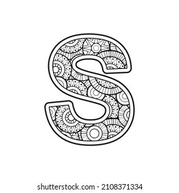 Vector Coloring page for adults. Contour black and white Capital English Letter S with background a mandala pattern