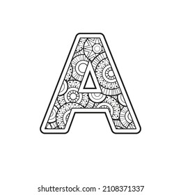 Vector Coloring page for adults. Contour black and white Capital English Letter A on a mandala background