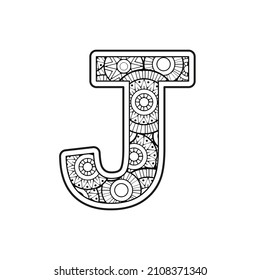 Vector Coloring page for adults. Contour black and white Capital English Letter J on a mandala background