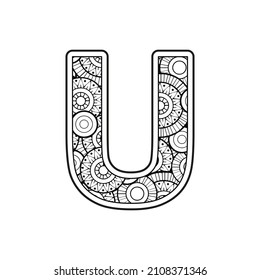 Vector Coloring page for adults. Contour black and white Capital English Letter U on a mandala background