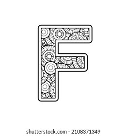 Página Coloración de vectores para adultos. Contemplar la letra F en inglés mayúscula y negra en un fondo de mandala