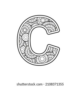 Vector Coloring page for adults. Contour black and white Capital English Letter C on a mandala background