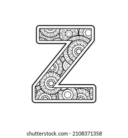 Vector Coloring page for adults. Contour black and white Capital English Letter Z on a mandala background