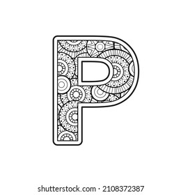 Vector Coloring page for adults. Contour black and white Capital English Letter P on a mandala background