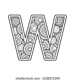 Vektorfarbseite für Erwachsene. Contour black and white Capital English Letter W auf Mandala-Hintergrund