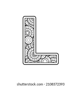 Vector Coloring page for adults. Contour black and white Capital English Letter L on a mandala background