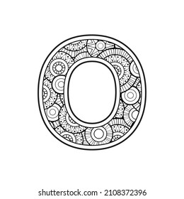 Vector Coloring page for adults. Contour black and white Capital English Letter O on a mandala background