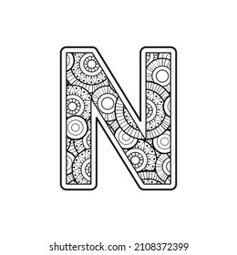 Vector Coloring page for adults. Contour black and white Capital English Letter N on a mandala background