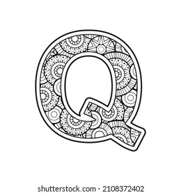 Vector Coloring page for adults. Contour black and white Capital English Letter Q on a mandala background