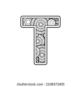 Vector Coloring Page For Adults. Contour Black And White Capital English Letter T On A Mandala Background