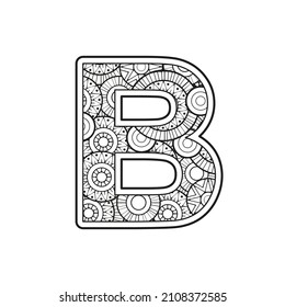 Vector Coloring page for adults. Contour black and white Capital English Letter B on a mandala background