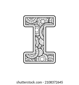 Vector Coloring page for adults. Contour black and white Capital English Letter I on a mandala background