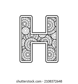 Vector Coloring page for adults. Contour black and white Capital English Letter H on a mandala background